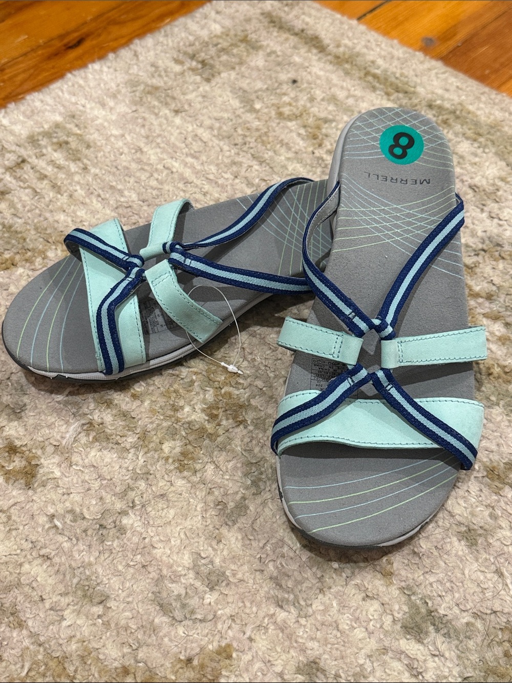 Merrell Mint and Navy Cross-Strap Slide Sandals